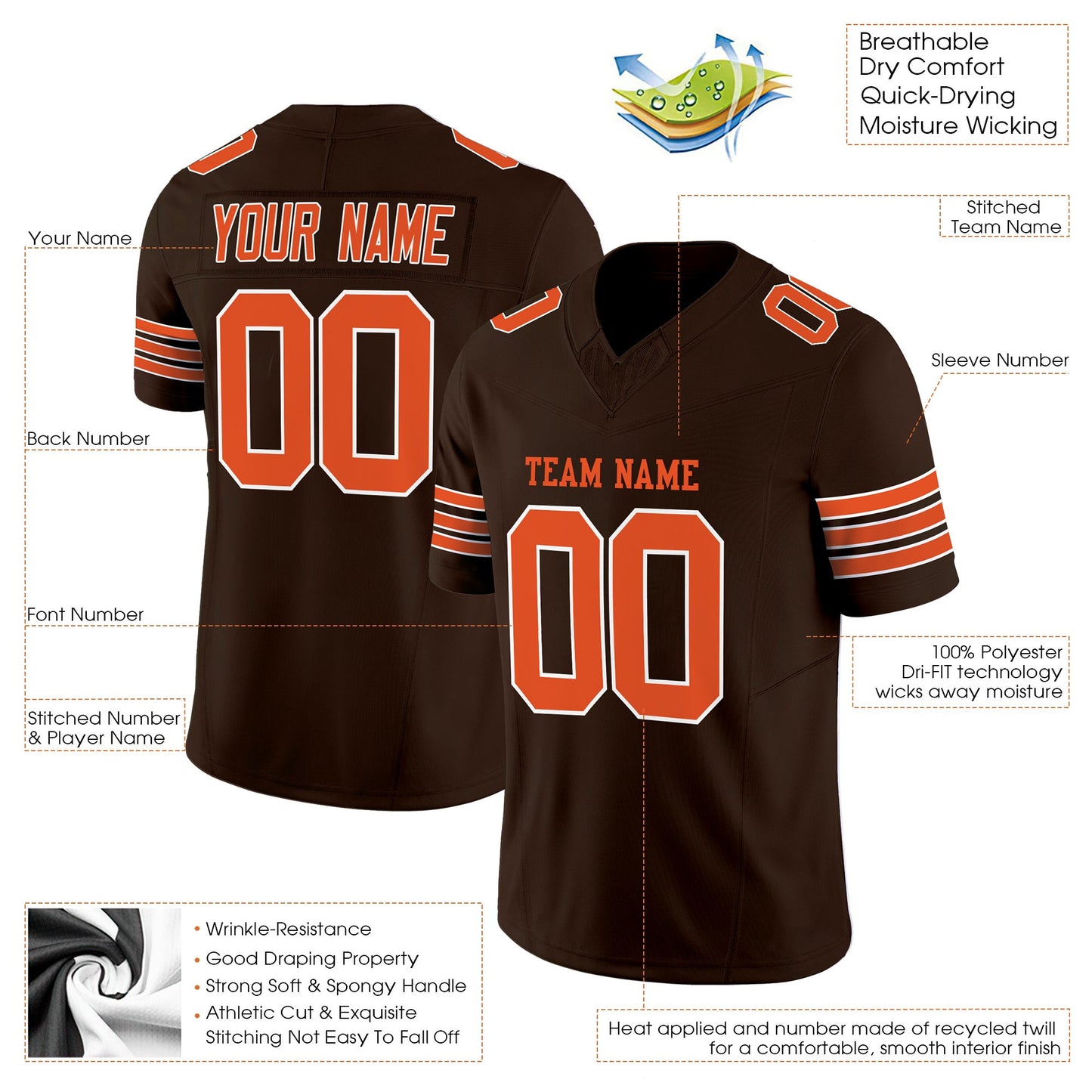 Brown Orange-White Authentic-Custom Football Jersey