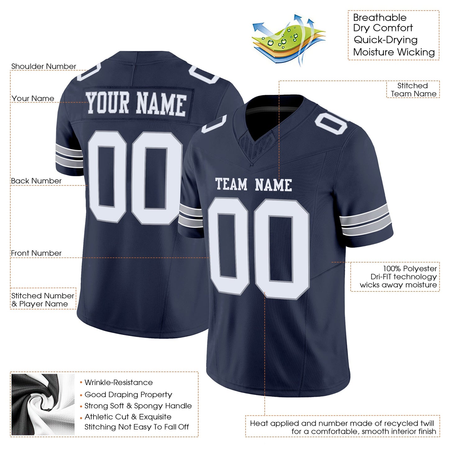 Navy White-Light Gray Authentic Custom Football Jersey