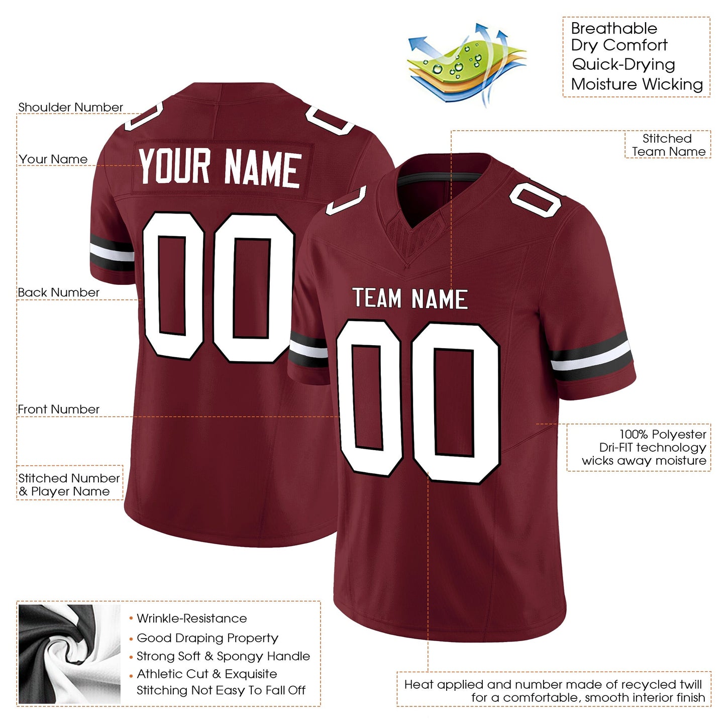 Burgundy White-Black Authentic Custom Football Jersey